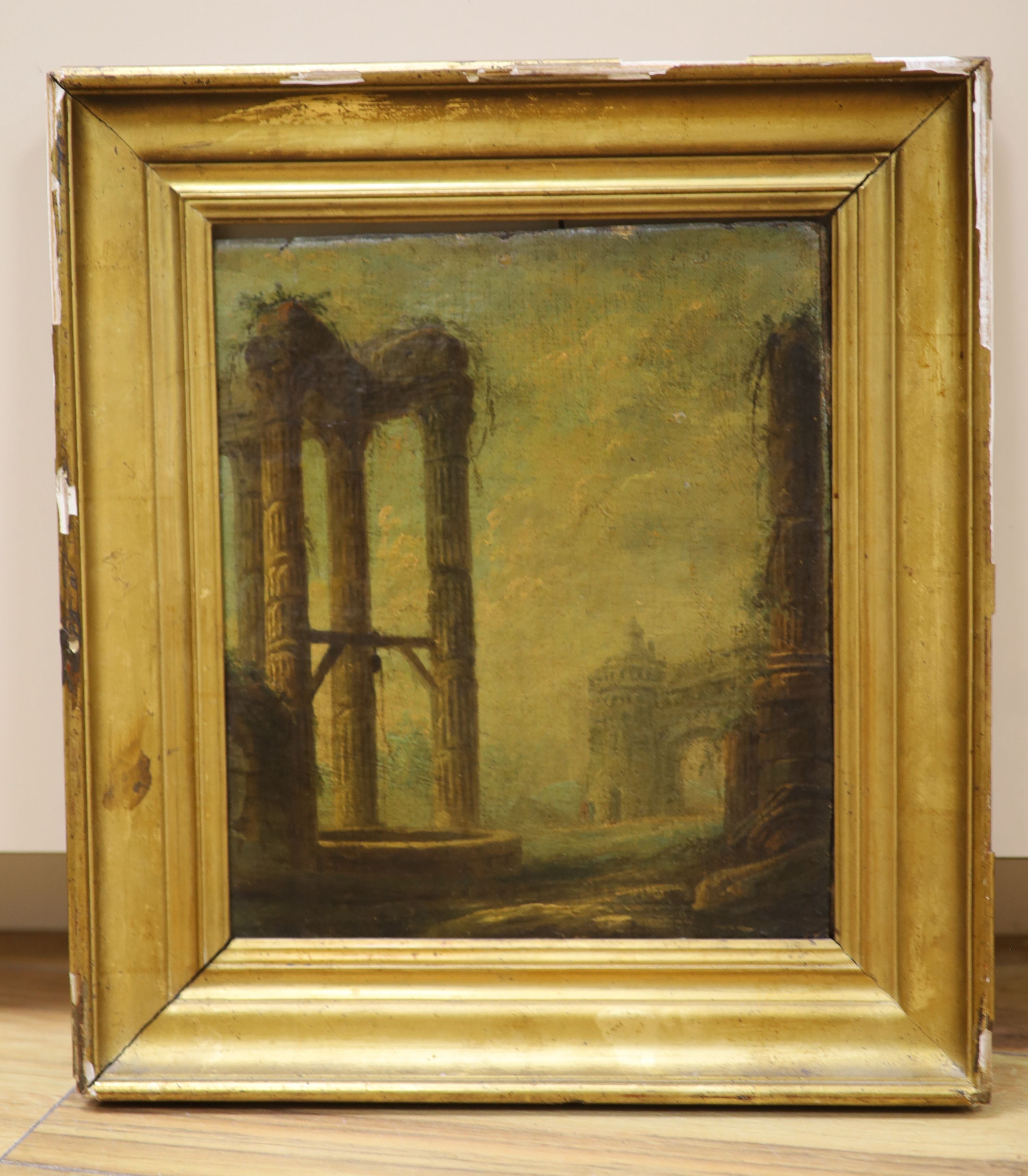 18th century Italian School. Classical ruins, oil on canvas laid down, 10